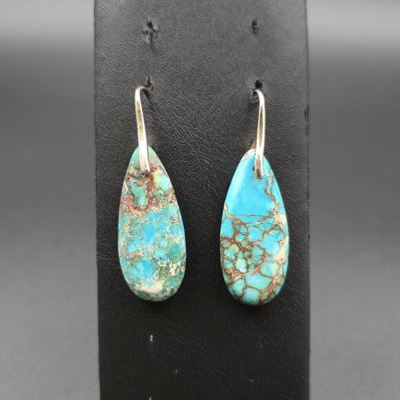 Jewelry - Worn Gold Plated Large Turquoise Stone Dangle Earrings A6751
